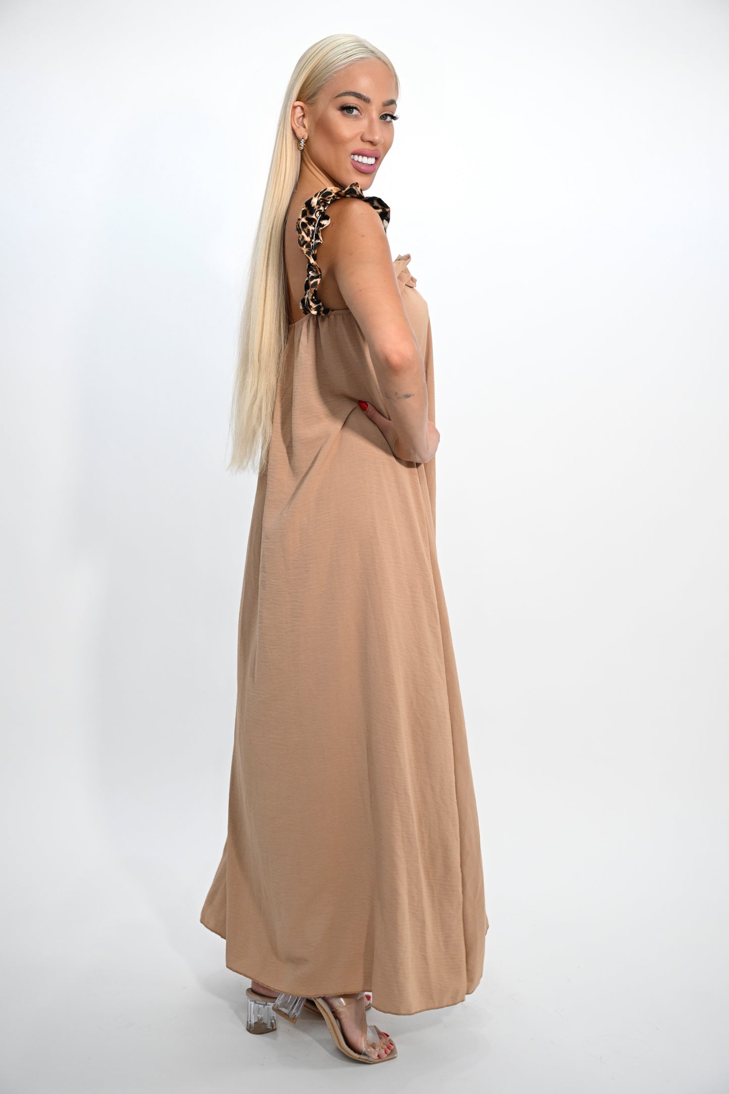 Elegant Beige Maxi Dress with Embellished Shoulders
