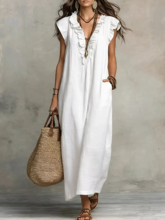 Valentina Ruffled V-Neck Maxi Dress in White