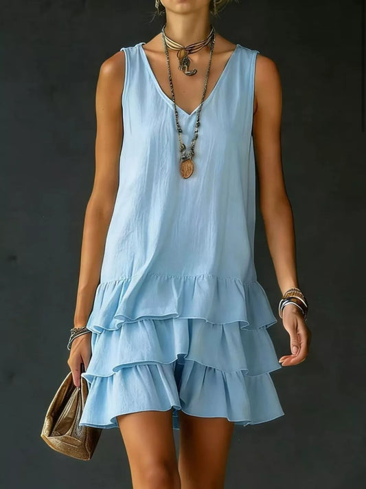 Curve Muse Ruffle-Hem Sleeveless Dress in Blue