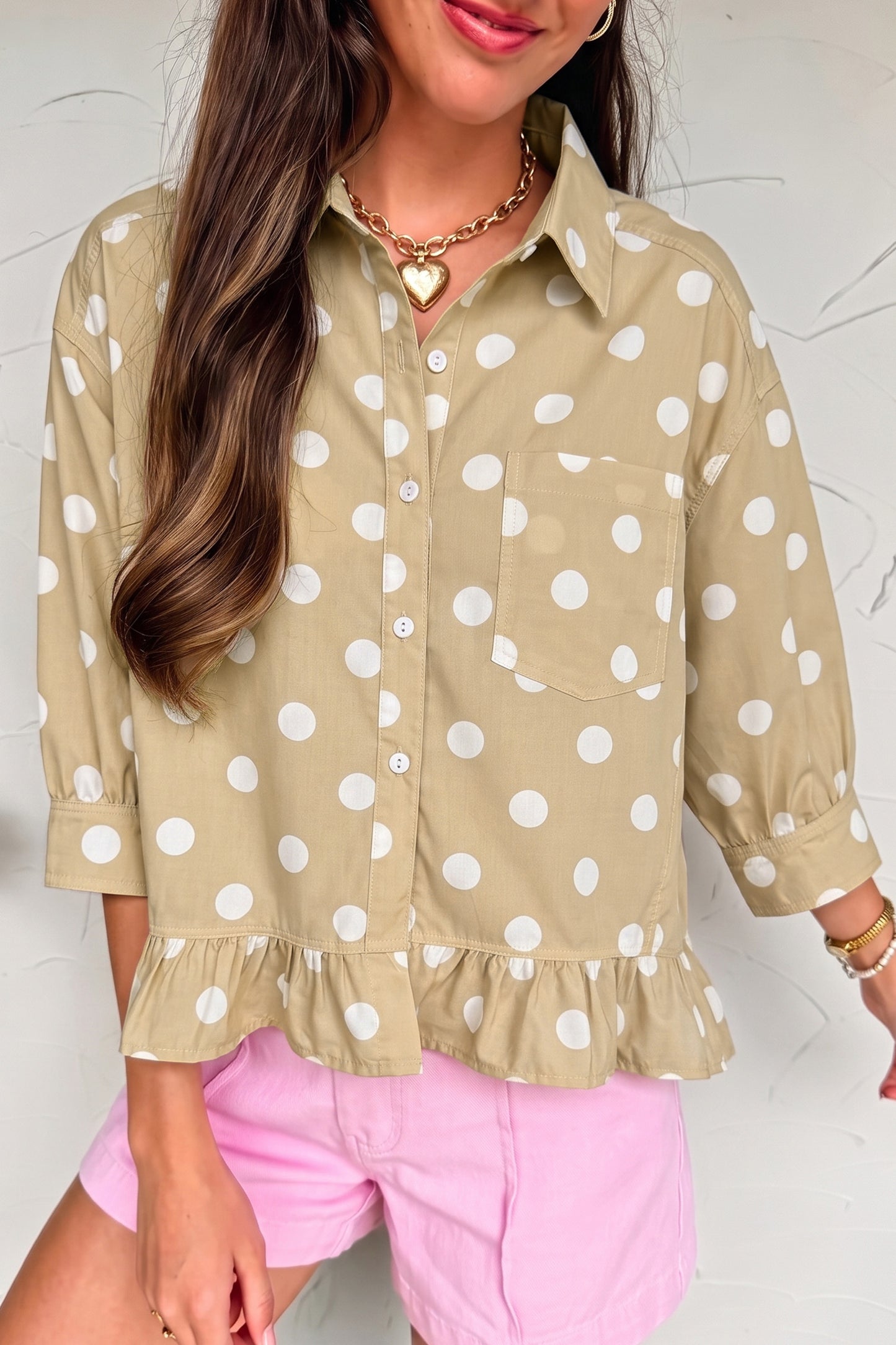 White Polka Dot Print Three Quarter Sleeve Ruffle Hem Casual Shirt
