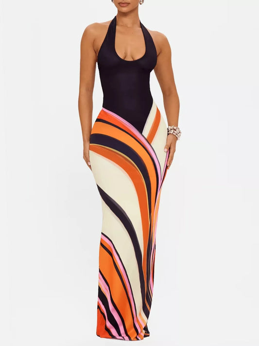 Ibiza Abstract-Print Halter Maxi Dress in Black