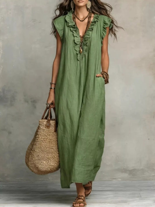 Valentina Curve Ruffled Maxi Dress in Army Green