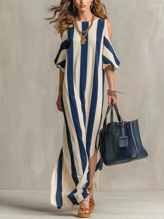 Nautica Striped Cold-Shoulder Maxi Dress in Dark Blue