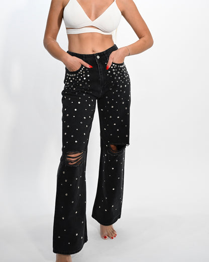 Studded Elegance: High-Waist Ripped Jeans