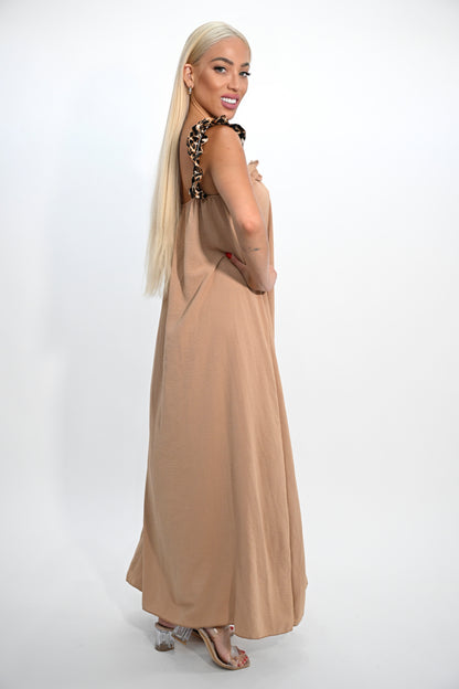 Elegant Beige Maxi Dress with Embellished Shoulders
