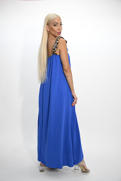 Royal Blue Elegance: Leopard Print Accented Maxi Dress