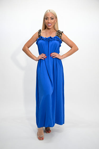 Royal Blue Elegance: Leopard Print Accented Maxi Dress