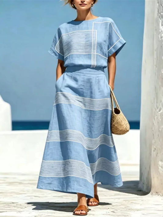 Coastal Curve Striped Top & Skirt Set in Sky Blue